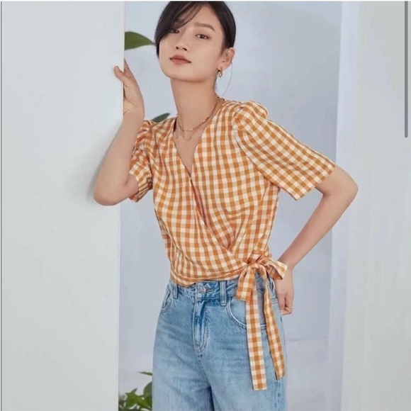 Fsle Orange Gingham Cross Over Top - Picture 1 of 13